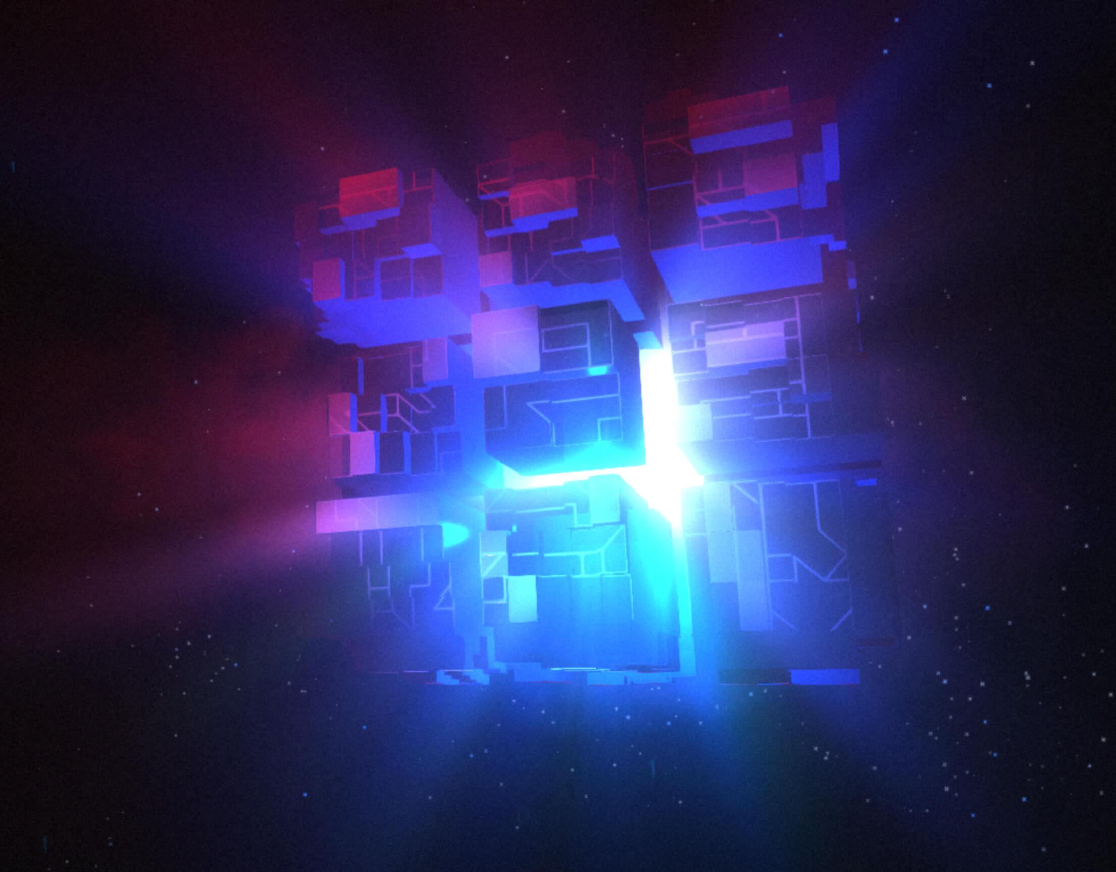 a generative cube bursting with light